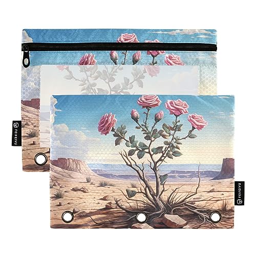 Wudan Desert Rose Federmäppchen mit 3 Ringbüchern, transparent, wasserdicht, Kunststoff, mit Reißverschluss, Kosmetiktasche, Büro, Dokumenten-Organizer, 2 Stück von Wudan