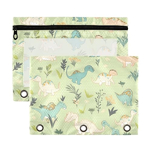 Wudan Dschungel Dinosaurier Grün 3 Ring Binder Federmäppchen 2 Pack Transparent Wasserdicht Kunststoff Bleistift Fall mit Reißverschluss Kosmetiktasche Büro Dokument Organizer von Wudan