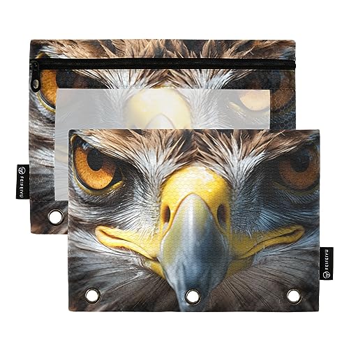 Wudan Eagle Grau Braun Realistischer Stil 3 Ring Binder Federmäppchen 2 Pack Transparent Wasserdicht Kunststoff Federmäppchen mit Reißverschluss Kosmetiktasche Büro Dokument Organizer von Wudan