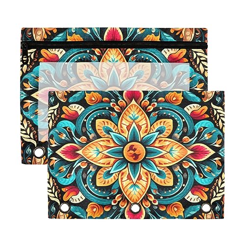 Wudan Ethnic Totem Bohemian Red Orange Yellow Green Blue Cyan 3 Ring Binder Pencil Pouch 2 Pack Clear Waterproof Plastic Pencil Case with Zipper Cosmetic Bag Office Document Organizer von Wudan