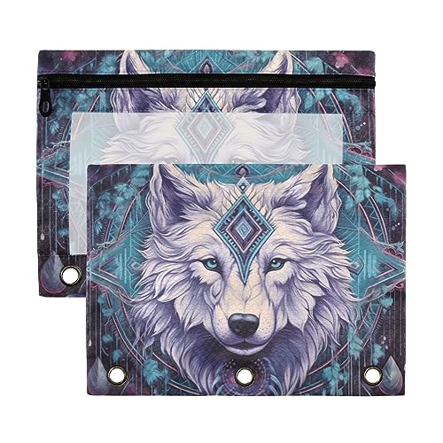 Wudan Ethnische Alchemie Okkulter Wolf Totem Floral 3 Ringbuch Federmäppchen 2 Pack Transparent Wasserdicht Kunststoff Federmäppchen mit Reißverschluss Kosmetiktasche Büro Dokument Organizer von Wudan