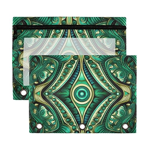 Wudan Ethnisches Totem Bohemian Malachit Grün Gelb 3 Ring Binder Federmäppchen 2 Pack Transparent Wasserdicht Kunststoff Federmäppchen mit Reißverschluss Kosmetiktasche Büro Dokument Organizer von Wudan