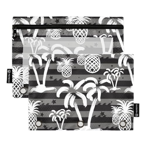 Wudan Exotische abstrakte Ananas-Palmen-Linien 3 Ringe Binder Federmäppchen 2 Pack Kunststoff Klar Bleistift Taschen Mit Reißverschluss Home Travel Cards Aufbewahrungsbehälter Bürobedarf von Wudan