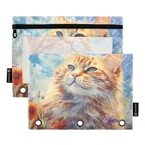 Wudan Federmäppchen, Motiv: Katze, Aquarell-Stil, Gelb, 3 Ringe, 2 Stück, transparent, wasserdicht, Kunststoff, mit Reißverschluss, Kosmetiktasche, Büro, Dokumenten-Organizer von Wudan