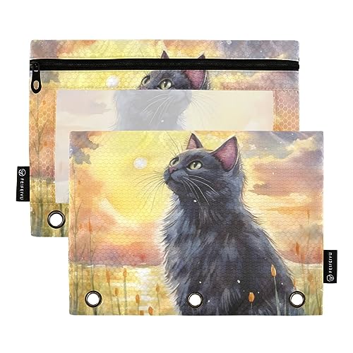 Wudan Federmäppchen, Motiv: Katze, Aquarell-Stil, bunt, 3 Ringe, 2 Stück, transparent, wasserdicht, Kunststoff, mit Reißverschluss, Kosmetiktasche, Büro, Dokumenten-Organizer von Wudan