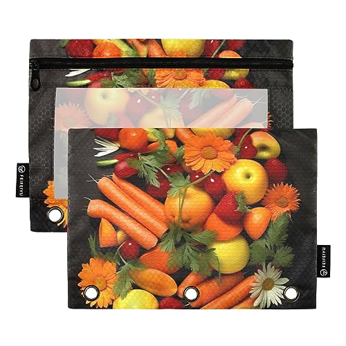 Wudan Federmäppchen mit 3 Ringen, Karotte, Orange, Apfel, Rot, Gelb, Orange, 3 Ringe, transparent, wasserdicht, Kunststoff, mit Reißverschluss, Kosmetiktasche, Büro-Dokumenten-Organizer von Wudan