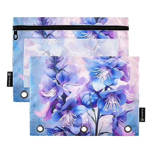 Wudan Federmäppchen mit 3 Ringen, Lavendel, Aquarell-Stil, Violett, 2 Stück, transparent, wasserdicht, Kunststoff, mit Reißverschluss, Kosmetiktasche, Büro-Dokumenten-Organizer von Wudan