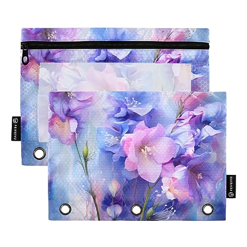 Wudan Federmäppchen mit 3 Ringen, Lavendel, Aquarell-Stil, Violett, Rosa, 2 Stück, transparent, wasserdicht, Kunststoff, mit Reißverschluss, Kosmetiktasche, Büro-Dokumenten-Organizer von Wudan