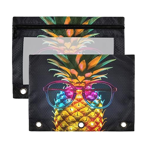 Wudan Federmäppchen mit 3 Ringen, Motiv: Ananas, Brille, Orange, Blau, Lila, 2 Stück, transparent, wasserdicht, Kunststoff, mit Reißverschluss, Kosmetiktasche, Büro-Dokumenten-Organizer von Wudan