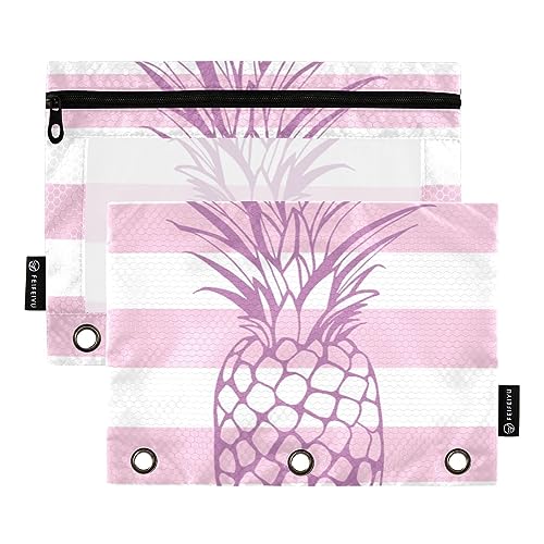 Wudan Federmäppchen mit 3 Ringen, violette Ananas, 2 Stück, transparent, wasserdicht, Kunststoff, mit Reißverschluss, Kosmetiktasche, Büro, Dokumenten-Organizer von Wudan