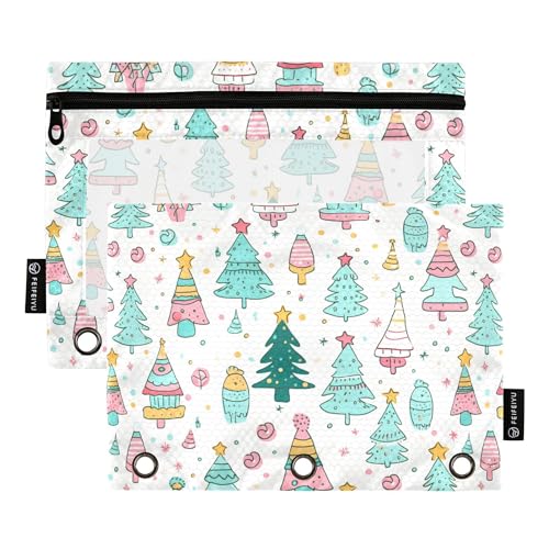 Wudan Federmäppchen mit Aufschrift "Merry Christmas Tree and Gift" mit 3 Ringen, wasserdicht, wasserdicht, Aufbewahrungstasche, transparent, Schreibwaren-Organizer, Bürobedarf, 2 Stück, Frohe von Wudan