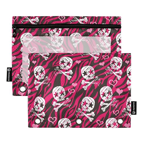 Wudan Federmäppchen mit Halloween-Herzen, Totenkopf, Pink, 3 Ringe, 2 Stück, wasserdicht, Kosmetiktasche, Federmäppchen, Büro, Dokumenten-Organizer von Wudan