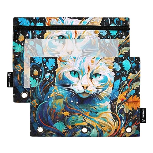 Wudan Federmäppchen mit Katze, bunt, blau, 3 Ringe, 2 Stück, transparent, wasserdicht, Kunststoff, mit Reißverschluss, Kosmetiktasche, Büro, Dokumenten-Organizer von Wudan