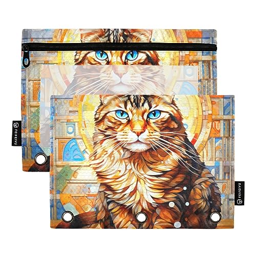 Wudan Federmäppchen mit Katzen-Wandkunst, Orange, 3 Ringbücher, 2 Stück, transparent, wasserdicht, Kunststoff, mit Reißverschluss, Kosmetiktasche, Büro, Dokumenten-Organizer von Wudan