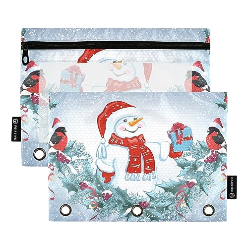 Wudan Federmäppchen mit Schneemann in Weihnachtsmannmütze, 3 Ringe, transparent, wasserdicht, Kunststoff, mit Reißverschluss, Kosmetiktasche, Büro-Dokumenten-Organizer, 2 Stück von Wudan