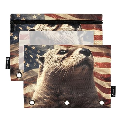 Wudan Federmäppchen mit amerikanischer Flagge, Otter, 3 Ringe, transparent, wasserdicht, Kunststoff, mit Reißverschluss, Kosmetiktasche, Büro, Dokumenten-Organizer von Wudan