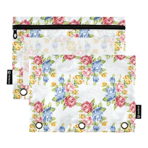 Wudan Floral Blue Pink Roses 3 Ring Binder Pencil Pouch 2 Pcs Waterproof Recycled Document Bags Binder Pencil Bag Office Document Organizer von Wudan