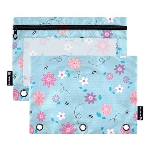 Wudan Floral Pink Blau Mode 3 Ring Binder Bleistift Beutel 2 Pack Reißverschluss Klar Bleistift Fall Klar Bleistift Tasche Bürobedarf Zubehör von Wudan