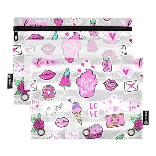 Wudan Fun Lip Star Strawberry Sprechblase auf Streifen 3 Ringe Binder Bleistift Beutel Set von 2 Reißverschluss Wasserdicht Bleistift Tasche Mit Reißverschluss Büro Organizer Versorgung von Wudan