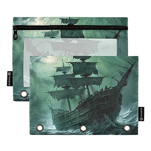 Wudan Ghost Ship Grünes Federmäppchen mit 3 Ringbüchern, 2 Stück, transparent, wasserdicht, Kunststoff, mit Reißverschluss, Kosmetiktasche, Bürodokumenten-Organizer von Wudan