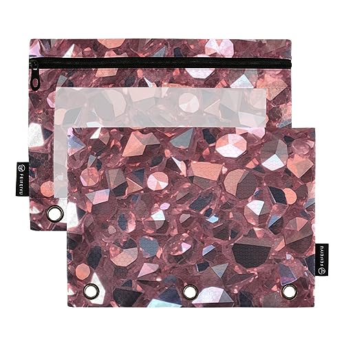 Wudan Glitte Glitter Diamonds Pink Lila Gold Silber Beige 3 Ring Binder Federmäppchen 2 Pack Transparent Wasserdicht Kunststoff Federmäppchen mit Reißverschluss Kosmetiktasche Büro Dokument Organizer von Wudan