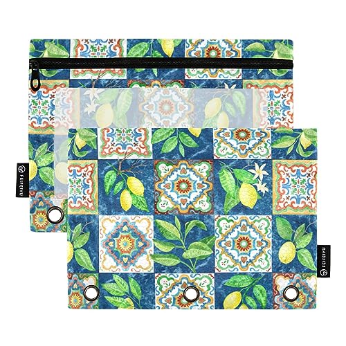 Wudan Gold Lemon Mandala Floral Flower Tile Green 3 Ring Binder Pencil Pouch 2 Pack Plastic Recycled Clear Waterproof Pencil Case with Zipper Stationery Accessories von Wudan