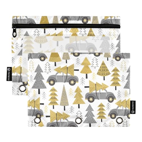 Wudan Gold Weihnachtsbäume Auto 3 Ring Binder Bleistift Beutel 2 Pcs Recycelte Kunststoff Kosmetiktasche Reißverschluss Bleistift Fall Bürobedarf Zubehör von Wudan