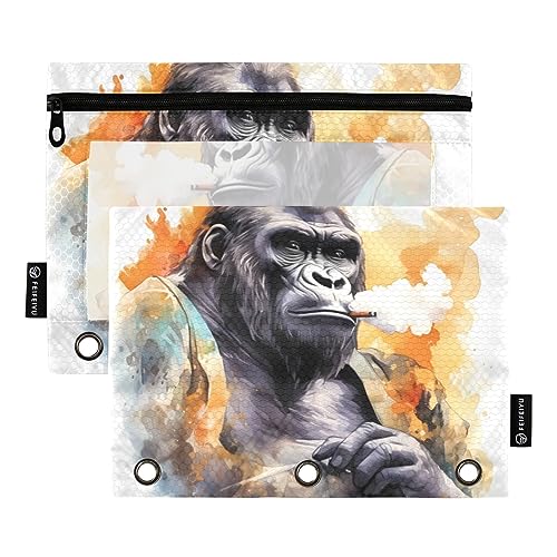 Wudan Gorilla Gouache-Stil Gelb 3 Ring Binder Bleistift Tasche 2 Pack Klar Wasserdicht Kunststoff Bleistift Fall mit Reißverschluss Kosmetiktasche Büro Dokument Organizer von Wudan