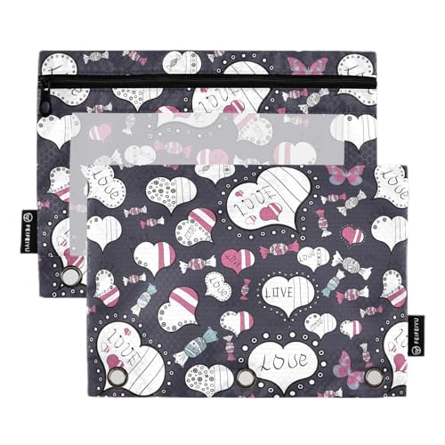 Wudan Graphic Hearts Love Violet Candy 3 Ringe Binder Bleistift Beutel Set von 2 Kunststoff Ordner Bleistift Tasche Klar Bleistift Fall Schreibwaren Zubehör Bürobedarf von Wudan