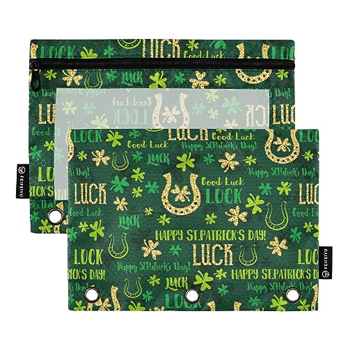 Wudan Green Patricks Day Golden Hufeisen und Kleeblätter 3 Ringbuch Federmäppchen 2 Pack Kunststoff Recyceltes Transparent Wasserdicht Federmäppchen mit Reißverschluss Schreibwaren Zubehör von Wudan