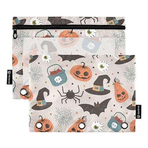 Wudan Halloween Cartoon Muster 3 Ring Binder Bleistift Beutel 2er Set Recyceltes Recyceltes Federmäppchen Kunststoff Bleistift Tasche Aufbewahrungsbehälter Büro Zubehör von Wudan