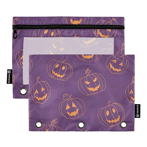 Wudan Halloween Kürbis Lila 3 Ring Binder Bleistift Beutel Set von 2 Wasserdicht Klar Dokumententaschen Klar Bleistift Tasche Schreibwaren Zubehör Bürobedarf von Wudan