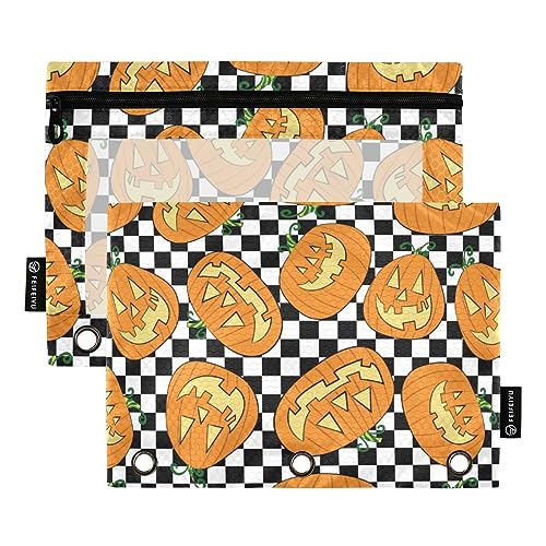 Wudan Halloween Kürbisse Kariert 3 Ring Binder Bleistift Tasche 2 Pack Kunststoff Recycelte Klar Wasserdicht Bleistift Fall mit Reißverschluss Schreibwaren Zubehör von Wudan