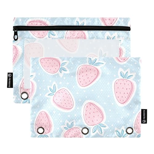 Wudan Handgezeichnete Erdbeeren auf blauem 3-Ring-Bleistiftetui, 2er-Set, transparent, Make-up-Tasche, Federmäppchen mit Löchern, Aufbewahrungsbehälter, Bürozubehör, Handgezeichnete Erdbeeren auf von Wudan