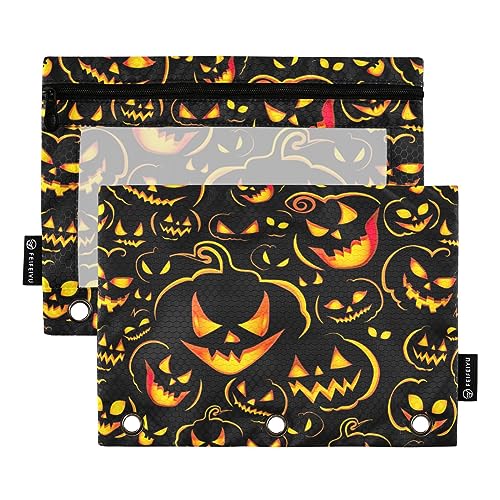 Wudan Happy Halloween Muster Kürbis 3 Ringbuch Federmäppchen 2 Pack Kunststoff Recyceltes Klar Wasserdicht Federmäppchen mit Reißverschluss Schreibwaren Zubehör von Wudan