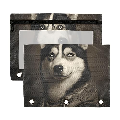 Wudan Husky Dog Klassisches Ölgemälde Rembrandt 3-Ring-Bleistiftbeutel, 2 Stück, transparent, wasserdicht, Kunststoff, mit Reißverschluss, Kosmetiktasche, Büro-Dokumenten-Organizer von Wudan