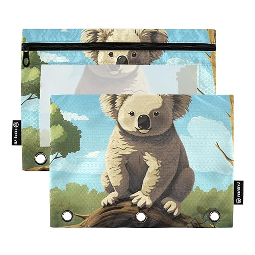 Wudan Koala 16-Bit Pixel Blau 3 Ring Binder Pencil Pouch 2er Set Wasserdicht Wasserdicht Bleistift Tasche Binder Bleistift Tasche Aufbewahrungsbehälter Büro Zubehör von Wudan