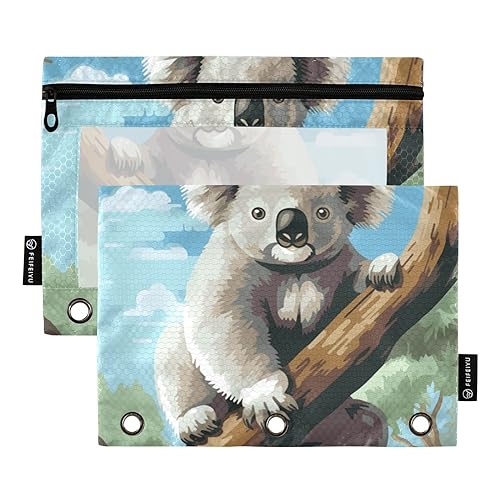 Wudan Koala Blau Grün 3 Ring Binder Federmäppchen Set von 2 Wasserdicht Wasserdicht Bleistift Tasche Kunststoff Bleistift Fall Büro Dokument Organizer von Wudan