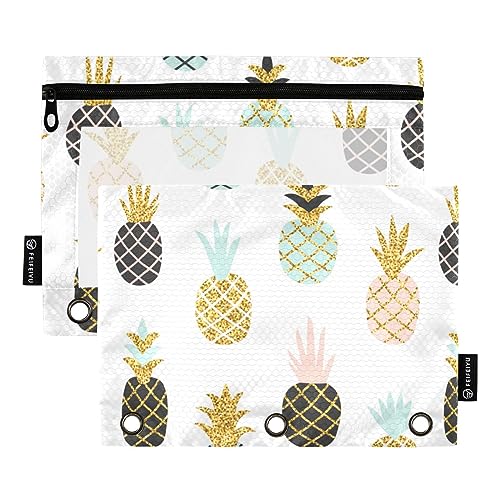 Wudan Kreatives Muster Ananas Tropisch Hawaii Gold Glitzer 3 Ring Binder Federmäppchen 2 Pack Kunststoff Recyceltes Klar Wasserdicht Federmäppchen mit Reißverschluss Schreibwaren Zubehör von Wudan