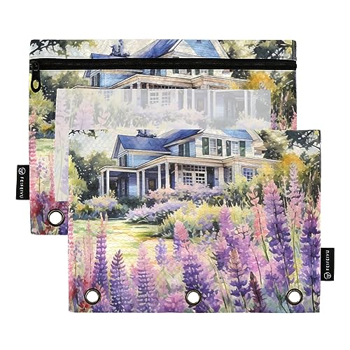 Wudan Lavender Villa Federmäppchen mit 3 Ringbüchern, transparent, wasserdicht, Kunststoff, mit Reißverschluss, Kosmetiktasche, Büro, Dokumenten-Organizer, Violett, 2 Stück von Wudan