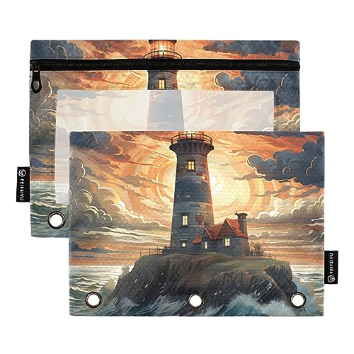 Wudan Leuchtturm Gelb 3 Ringbuch Federmäppchen 2 Pack Transparent Wasserdicht Kunststoff Federmäppchen mit Reißverschluss Kosmetiktasche Büro Dokument Organizer von Wudan