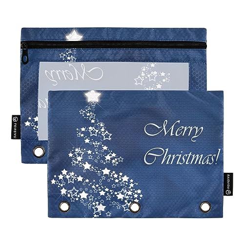 Wudan Merry Christmas Glitter Trees Blue 3 Ring Binder Pencil Pouch 2 Pack Clear Waterproof Plastic Pencil Case with Zipper Cosmetic Bag Office Document Organizer von Wudan