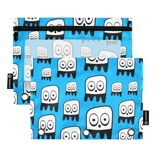 Wudan Nette Cartoon Schädel Blau 3 Ring Binder Bleistift Beutel Set von 2 Wasserdicht Recycelte Bleistift Fall Bleistift Tasche Mit Reißverschluss Büro Organizer Versorgung von Wudan