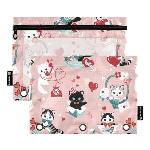 Wudan Niedliche Vintage Valentine Katzen mit Herzen Rosa 3 Ringbuch Federmäppchen 2 Pack Transparent Recyceltes Federmäppchen Bleistift Tasche Mit Reißverschluss Büro Dokument Organizer von Wudan