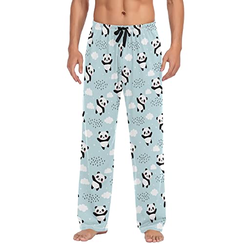 Wudan Niedlicher Cartoon Bär Koala Panda und Ballon Herren Pyjamahose Lounge Hose Pyjamahose mit Taschen S, Kawaii Panda Regentropfen, Blau, Large von Wudan