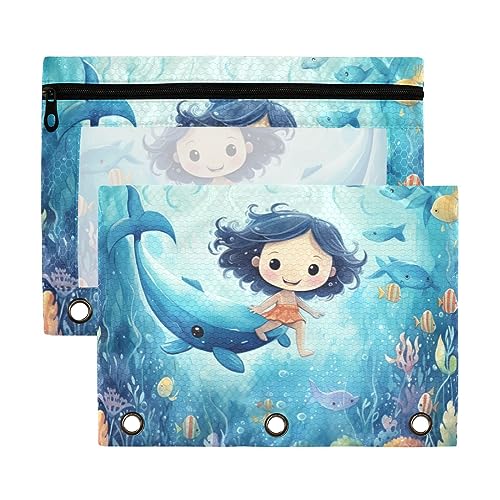 Wudan Ocean Mermaid Delphin Blue 3 Ring Binder Pencil Pouch 2 Pack Clear Waterproof Plastic Pencil Case with Zipper Cosmetic Bag Office Document Organizer von Wudan