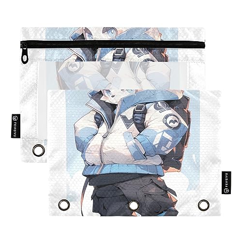 Wudan Panda Anime Game Blau 3 Ring Binder Federmäppchen 2 Pack Transparent Wasserdicht Kunststoff Federmäppchen mit Reißverschluss Kosmetiktasche Büro Dokument Organizer von Wudan