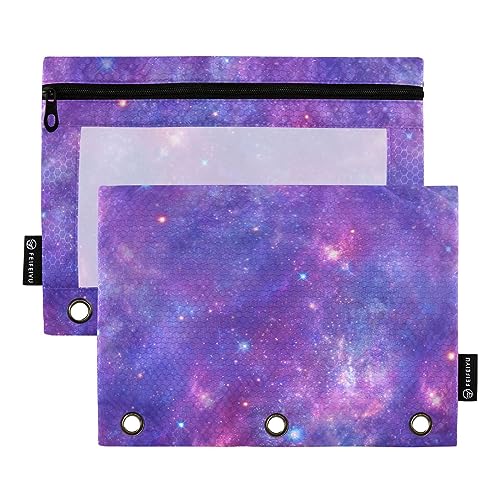 Wudan Purple Space Galaxy 3-Ringbuch Federmäppchen 2 Stück durchsichtig wasserdicht Kunststoff Federmäppchen mit Reißverschluss Kosmetiktasche Büro Dokument Organizer von Wudan