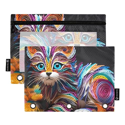 Wudan Relief Style Cat Bunte 3-Ring-Bleistiftbeutel 2 Stück durchsichtig wasserdicht Kunststoff Federmäppchen mit Reißverschluss Kosmetiktasche Büro Dokument Organizer von Wudan