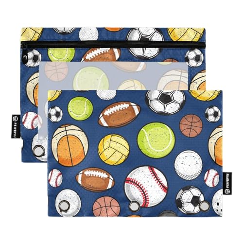 Wudan Retro Bunte Sportbälle Blau 3 Ringe Binder Bleistift Beutel Set von 2 Kunststoff Recycelte Make-up Tasche Bleistift Fall Mit Binder Büro Organizer Versorgung von Wudan